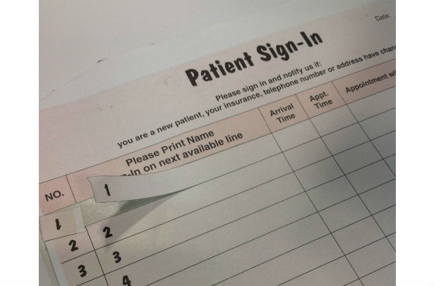 Patient sign-in sheet where you can peel off patient's name for confidentiality